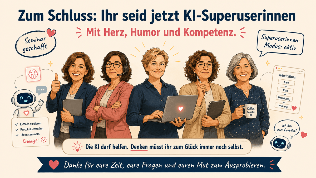 F&uuml;nf Pfarreisekret&auml;rinnen l&auml;chelnd mit Tablets und Laptops, ein freundlicher Roboter winkt. Sprechblasen «Seminar geschafft» und «Superuserinnen-Modus: aktiv». Untertitel: Mit Herz, Humor und Kompetenz.