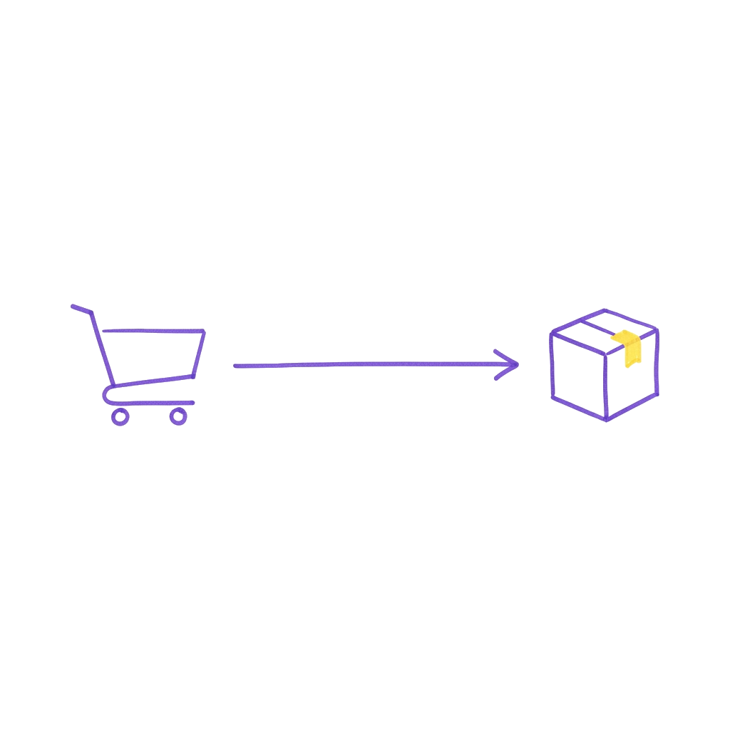 Minimalist violet marker sketch of shopping cart and product flow checkout on white background