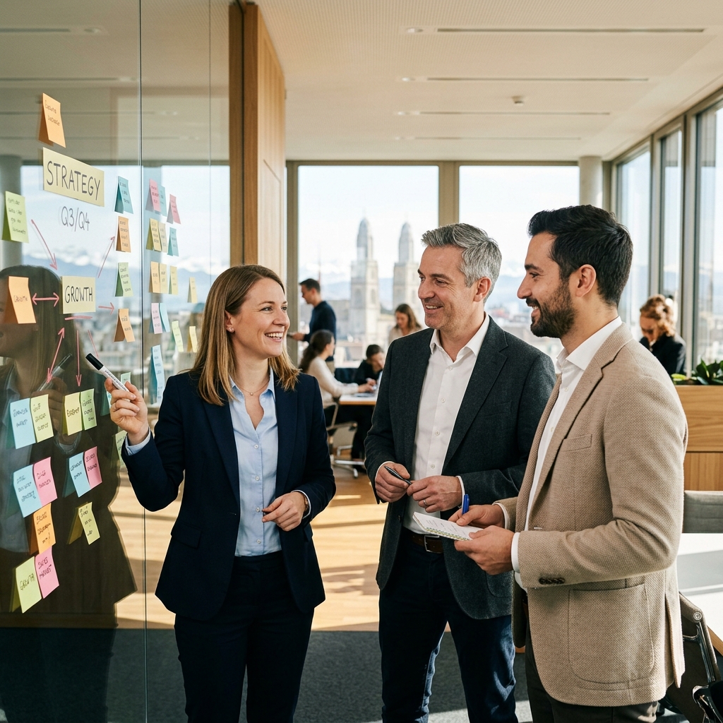 Gemeinsamer KI-Workshop mit Post-its und Prozessdiagrammen