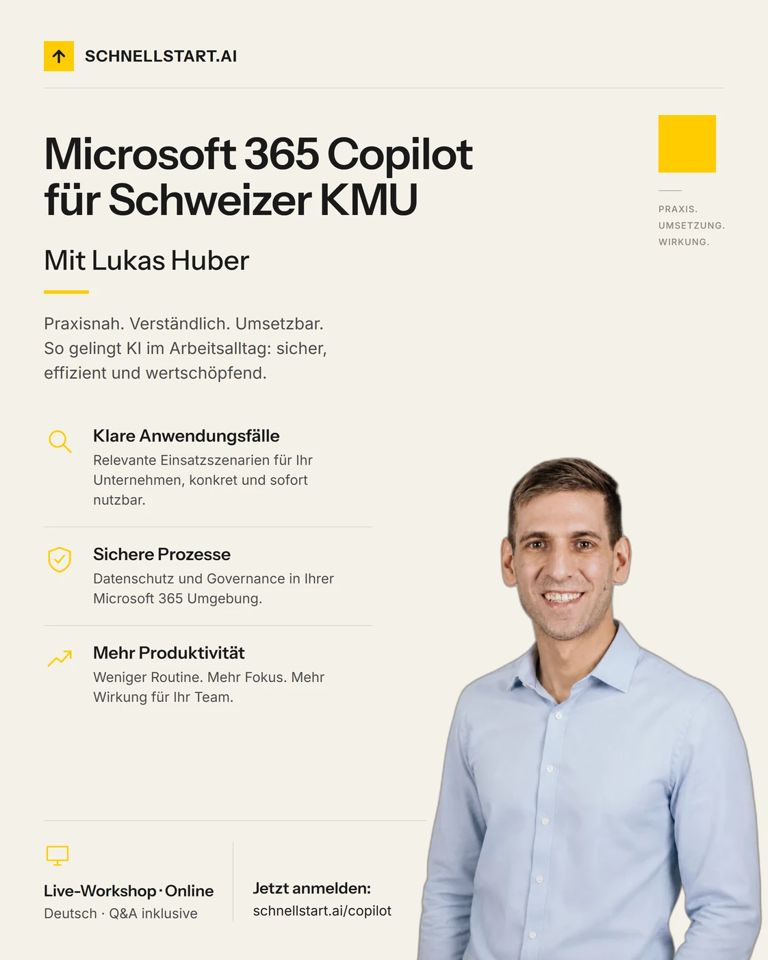 Microsoft 365 Copilot für Schweizer KMU: kostenloser Online-Workshop mit Lukas Huber, schnellstart.ai