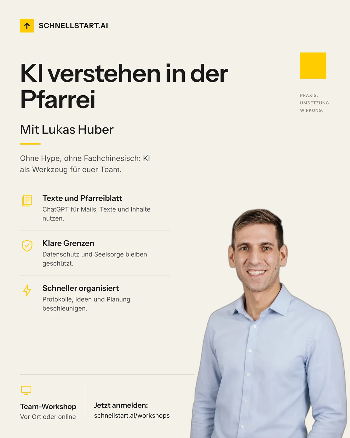 KI verstehen in der Pfarrei: Workshop für Pfarrei-Teams, Sekretariat & Seelsorge mit Lukas Huber, schnellstart.ai